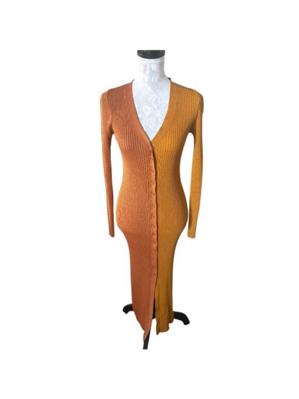 Staud Color Block Shoko Sweater Knit Dress / Cardigan Bronze Ochre Multi Medium
